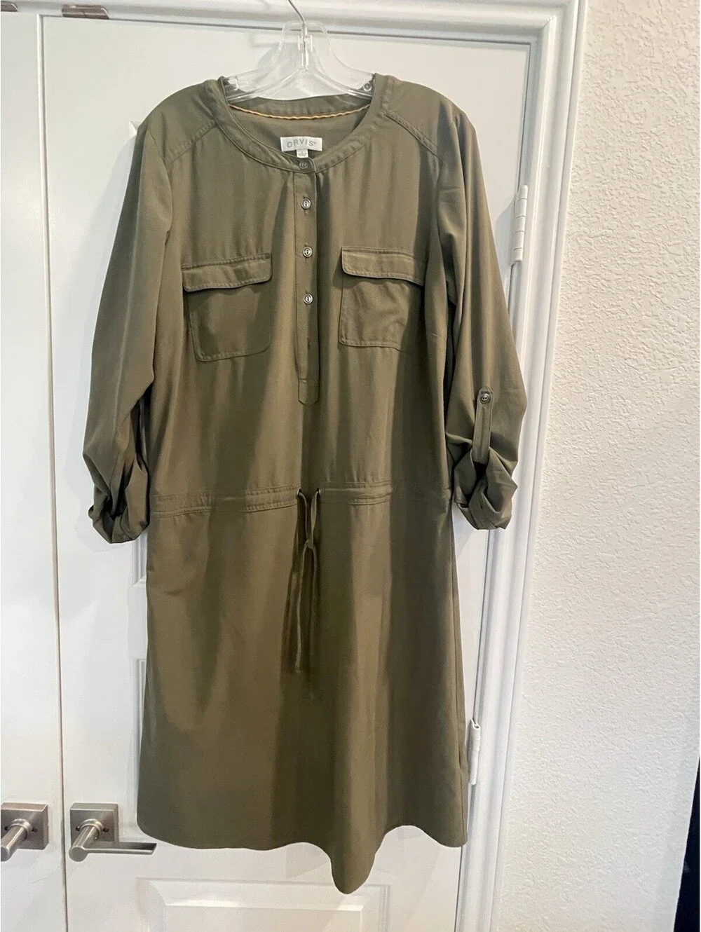 Orvis Women's S Oversized Cargo Dress with Drawstring and Pockets Olive Green